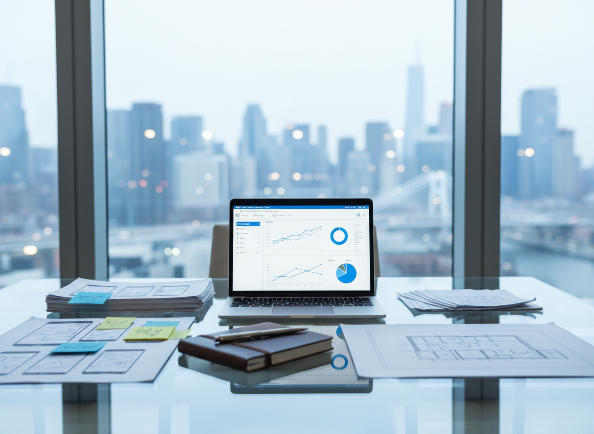 A sleek, ultra-modern glass conference table covered with neatly arranged artefacts of product consulting work: a large, high-resolution laptop displaying a clean analytics dashboard, printed wireframes, color-coded sticky notes, and a slim metal pen resting on a leather notebook. The table stands in front of a floor-to-ceiling window overlooking a softly blurred city skyline. Cool daylight pours in, creating crisp reflections on the glass surface and subtle shadows beneath the objects. Photographed at eye level in photographic realism, with a shallow depth of field that keeps the work materials in sharp focus while the city fades into bokeh. The mood is professional, focused, and calm, embodying strategic thinking and clarity in solution architecture.