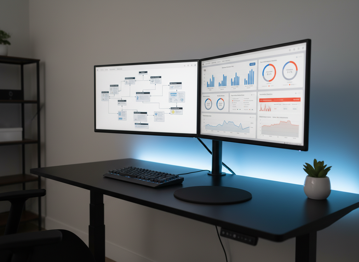 A high-end, dual-monitor workstation displaying a complex but beautifully organized data analytics solution