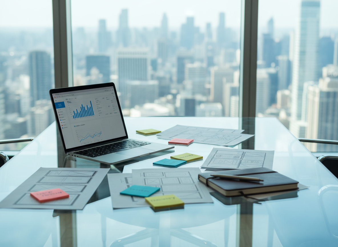 A sleek, ultra-modern glass conference table covered with neatly arranged artefacts of product consulting work: a large, high-resolution laptop displaying a clean analytics dashboard, printed wireframes, color-coded sticky notes, and a slim metal pen resting on a leather notebook. The table stands in front of a floor-to-ceiling window overlooking a softly blurred city skyline. Cool daylight pours in, creating crisp reflections on the glass surface and subtle shadows beneath the objects. Photographed at eye level in photographic realism, with a shallow depth of field that keeps the work materials in sharp focus while the city fades into bokeh. The mood is professional, focused, and calm, embodying strategic thinking and clarity in solution architecture.