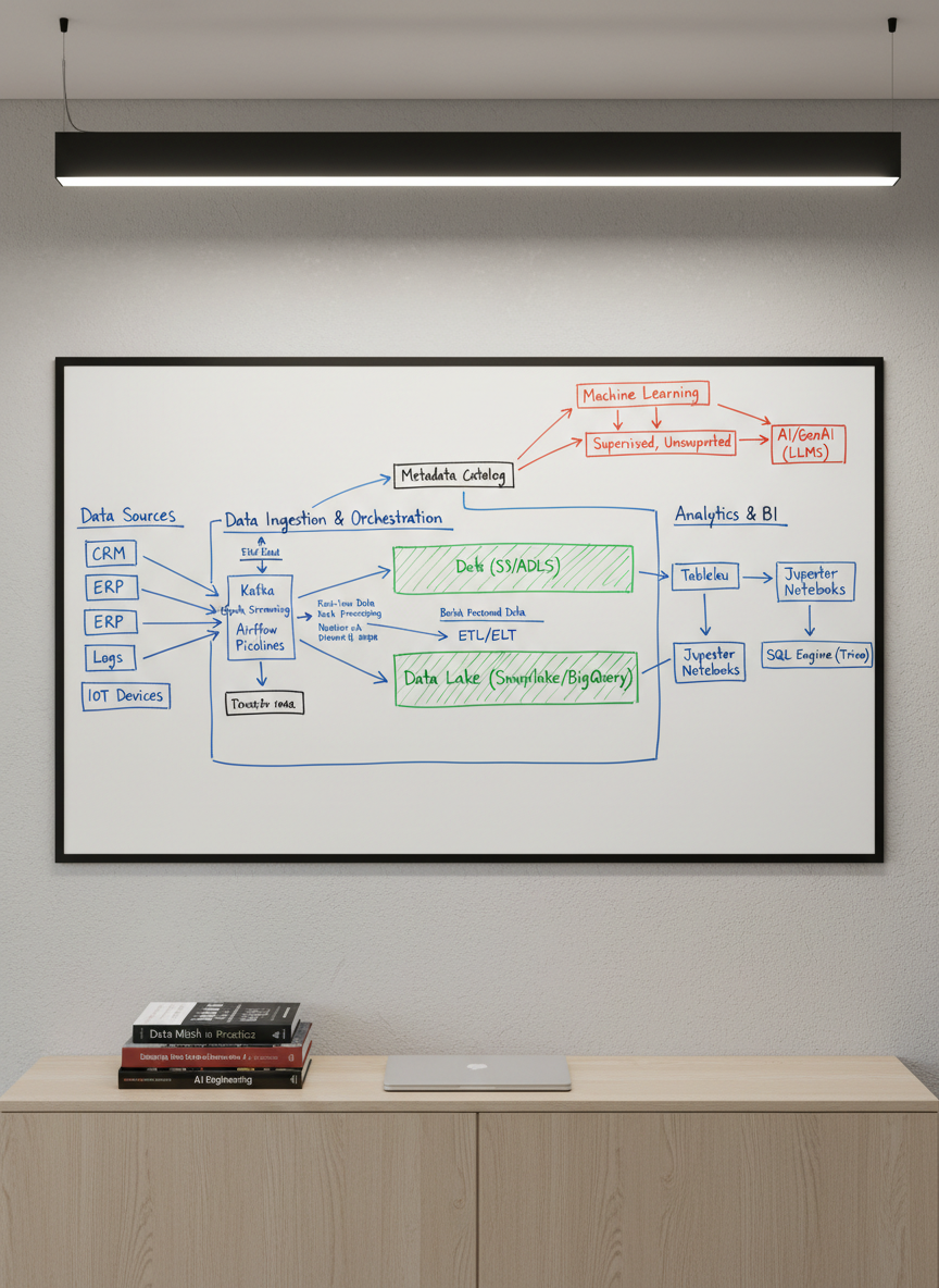 An elegant, wall-mounted whiteboard filled with a meticulously drawn end-to-end data and analytics architecture: data sources, pipelines, storage layers, analytics engines, and AI models connected with precise arrows and labeled components. Below the board, a minimalist wooden credenza holds a small stack of technical books and a closed laptop. Soft, diffused overhead office lighting illuminates the scene, making the marker colors rich and clear without harsh glare. Captured straight-on in photographic realism with sharp focus throughout, the composition emphasizes structure, order, and scalability. The atmosphere feels analytical yet approachable, perfect for conveying the mindset of a functional solution architect designing robust, enterprise-grade systems.