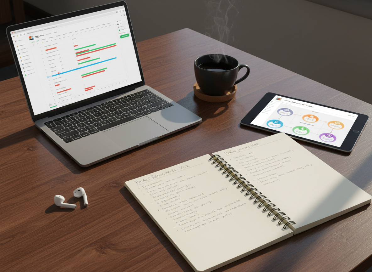 A close-up scene of a polished dark-wood desk featuring three key items: an open notebook with neatly written product requirements, a tablet showing a refined user journey map, and a slim silver laptop presenting a roadmap Gantt chart.